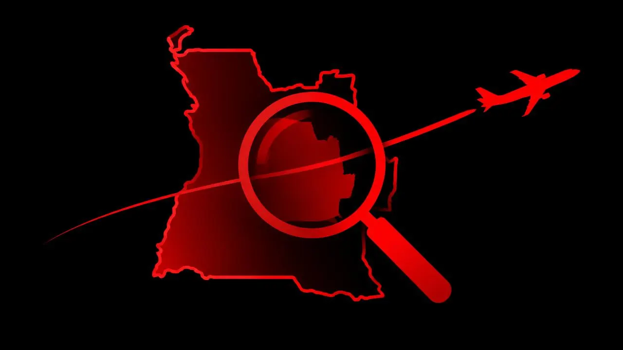 Ilustração editorial com lupa sobre o mapa de Angola e um avião